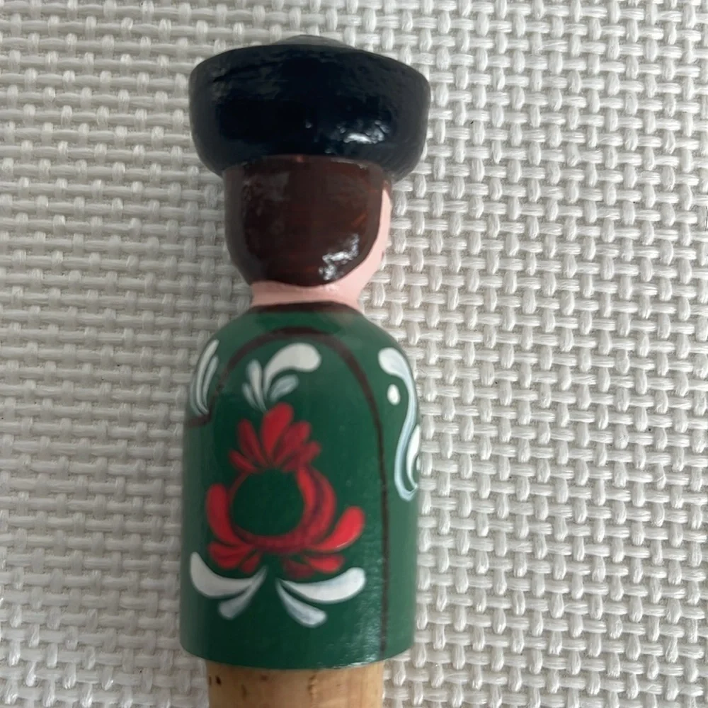 Vintage Hand Carved Wooden Wine Stopper Set of 2 Folk Art Hand Painted EUC